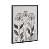 Black and white linocut-style botanical print featuring various stylized flowers and leaves in a black frame.