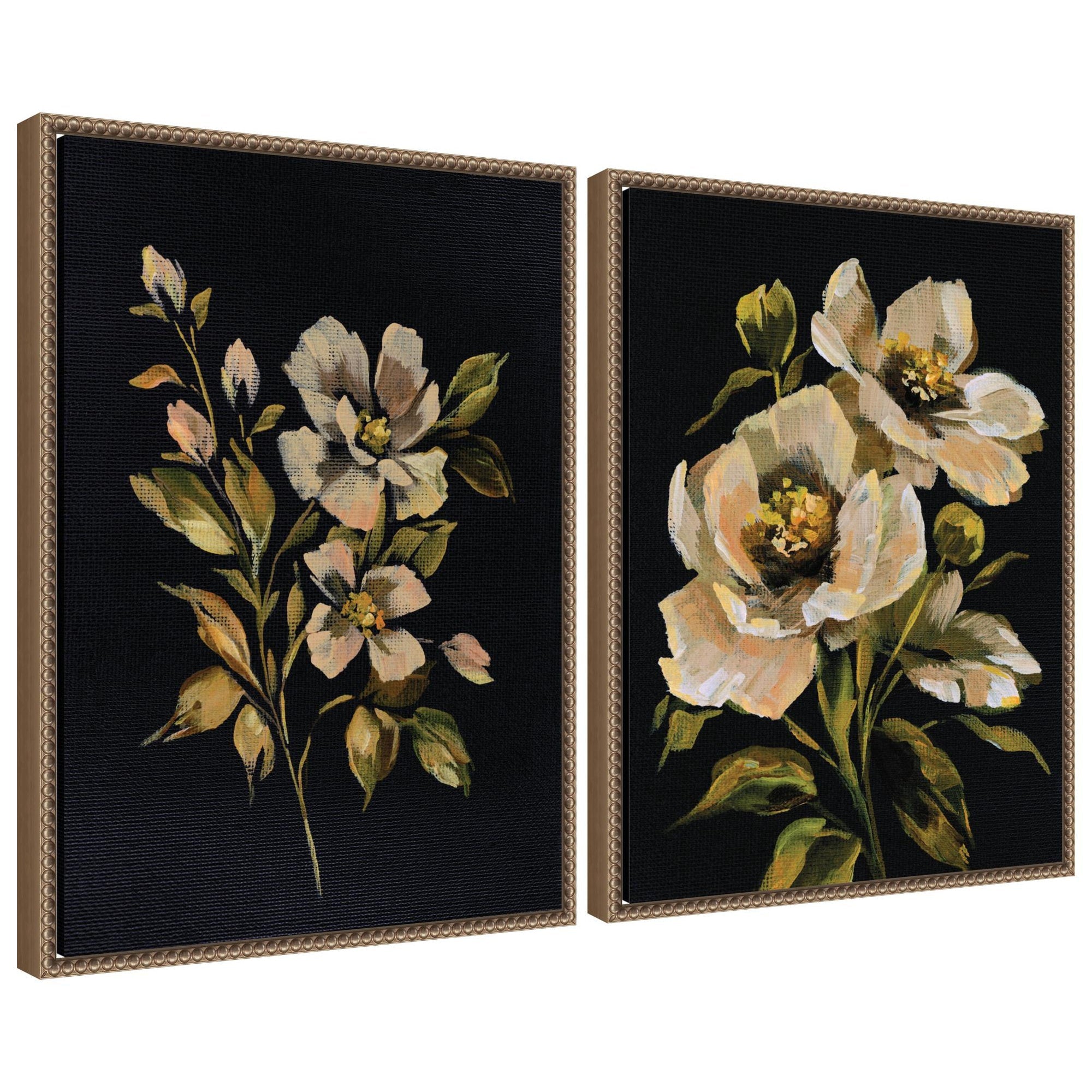 Sylvie Beaded Moody Floral 7 and 8 framed canvas art set featuring floral imagery and vintage beaded polystyrene frame