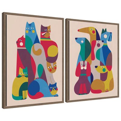 Retro Cats & Dogs 2 Piece Framed Canvas Wall Art Set hung on a wall