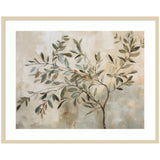 Abstract painting of an olive tree branch with varied green and muted brown leaves on a textured beige and gray background, framed in light wood and white mat.