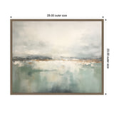 Abstract landscape painting with muted gray, green, and beige hues blending into a soft horizon, framed in simple light wood, sized 28 by 23 inches.