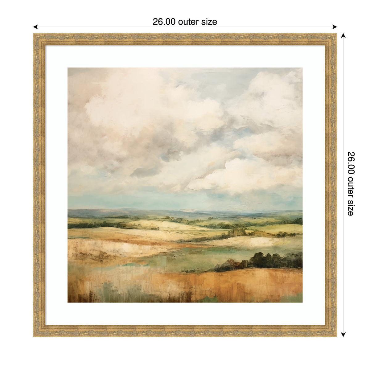 Abstract landscape painting featuring rolling hills in earthy browns and greens under a sky filled with soft, billowy white and gray clouds, framed in light wood.