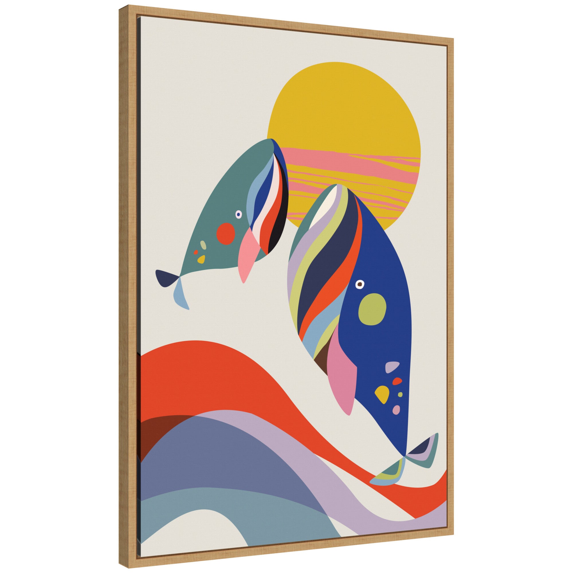 Sylvie Retro Coastal Mom and Baby Whales framed canvas artwork with abstract whale design and coastal blue-gray tones