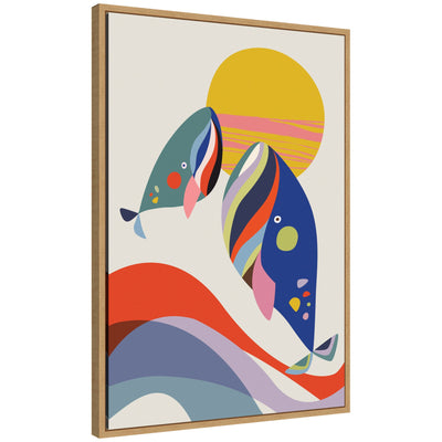 Sylvie Retro Coastal Mom and Baby Whales framed canvas artwork with abstract whale design and coastal blue-gray tones