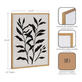 Black botanical silhouette print framed in a natural oak wood frame with a gold finish, shown with minimalist gallery profile and sawtooth hangers for vertical or horizontal display.
