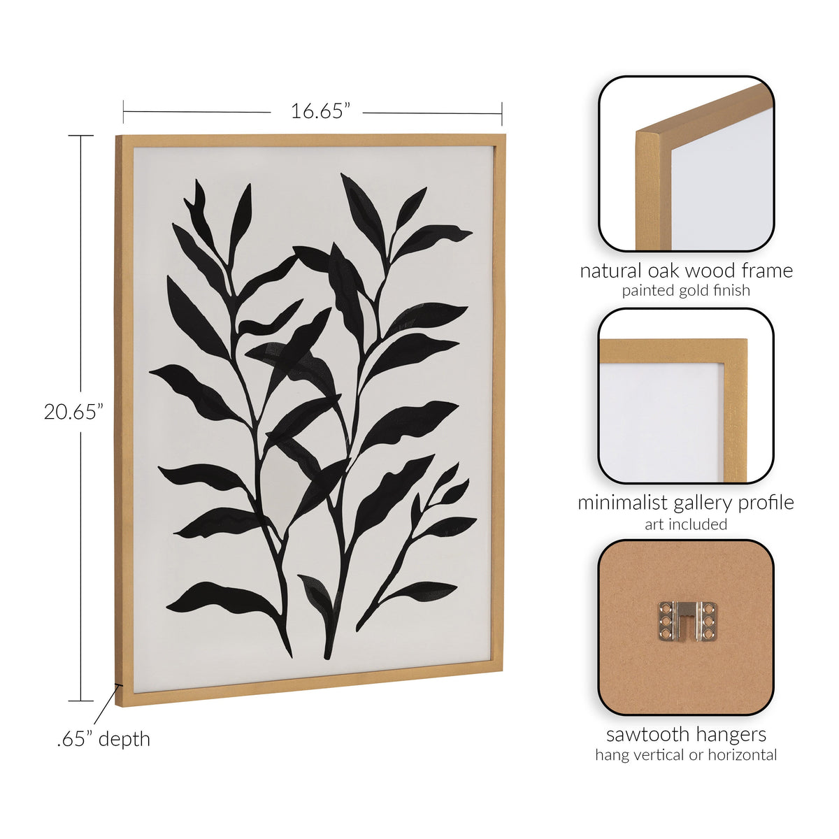 Black botanical silhouette print framed in a natural oak wood frame with a gold finish, shown with minimalist gallery profile and sawtooth hangers for vertical or horizontal display.