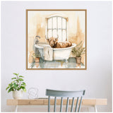 Watercolor painting of a brown Highland cow sitting in a white clawfoot bathtub with a towel, framed and hung above a desk and gray chair, with plants below.