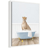Framed floating canvas art depicting Sylvie Cheetah in a blue bathtub, by Amy Peterson