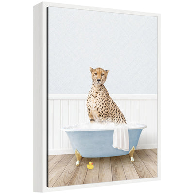 Framed floating canvas art depicting Sylvie Cheetah in a blue bathtub, by Amy Peterson