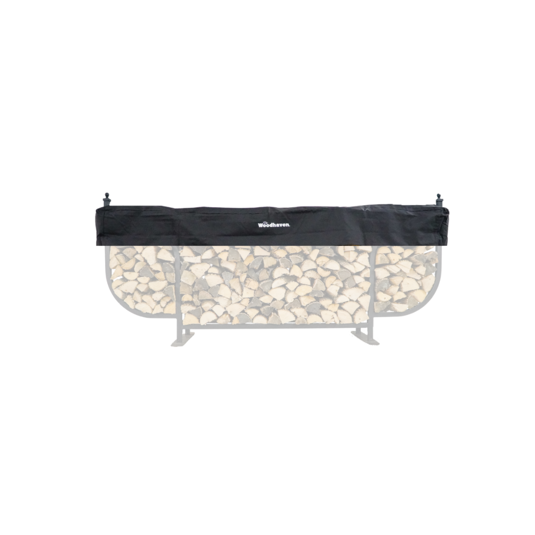 Woodhaven Short Firewood Rack Seasoning Cover in black on a firewood rack