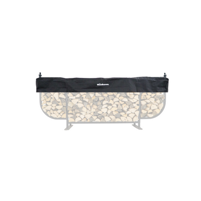 Woodhaven Short Firewood Rack Seasoning Cover in black on a firewood rack