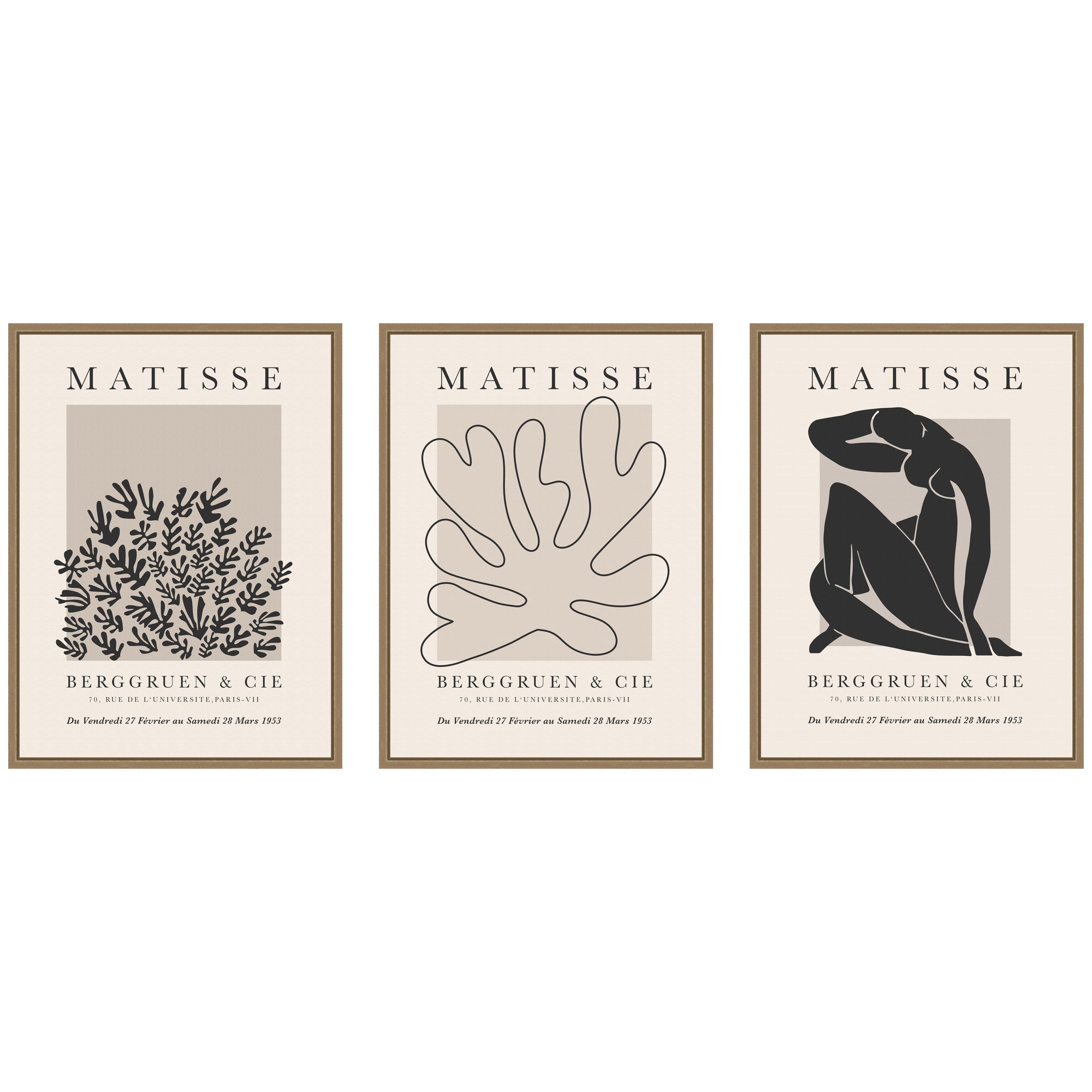 Matisse Inspired Florals & Woman Silhouette 3 Piece Framed Canvas Wall Art Set displayed on a wall