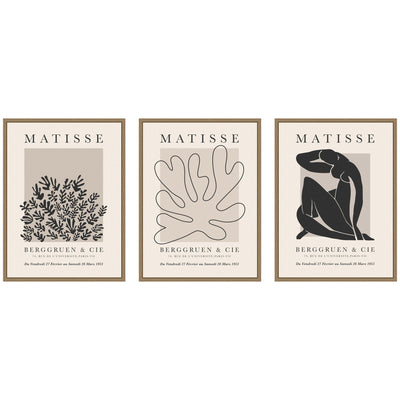 Matisse Inspired Florals & Woman Silhouette 3 Piece Framed Canvas Wall Art Set displayed on a wall