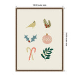 Framed canvas featuring six minimalist holiday icons including a beige bird, green holly, red-pink ornament, candy canes, and green leafy sprigs on a cream background.