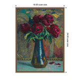 Framed canvas of deep red peonies in a textured, dark blue vase with green leaves, set against a mottled green and yellow background.