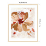 Abstract floral painting with soft brushstrokes in brown, beige, and red hues, framed in a light wooden frame with white matting.