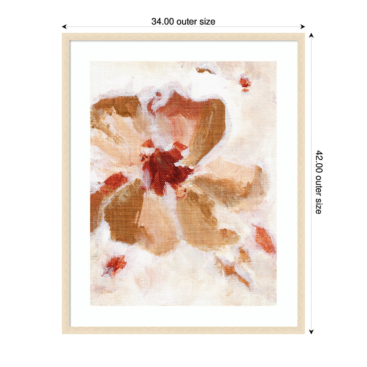 Abstract floral painting with soft brushstrokes in brown, beige, and red hues, framed in a light wooden frame with white matting.