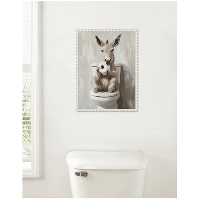 Sylvie Cute Donkey Holding Toilet Paper Roll Toilet Bathroom Art Framed Canvas