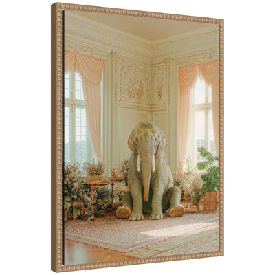 Framed canvas wall art print titled 'Lazy Elephant Sitting in His Room' showing an illustrated elephant seated in a rustic room, surrounded by muted colors in a Sylvie Beaded Rustic Natural frame.