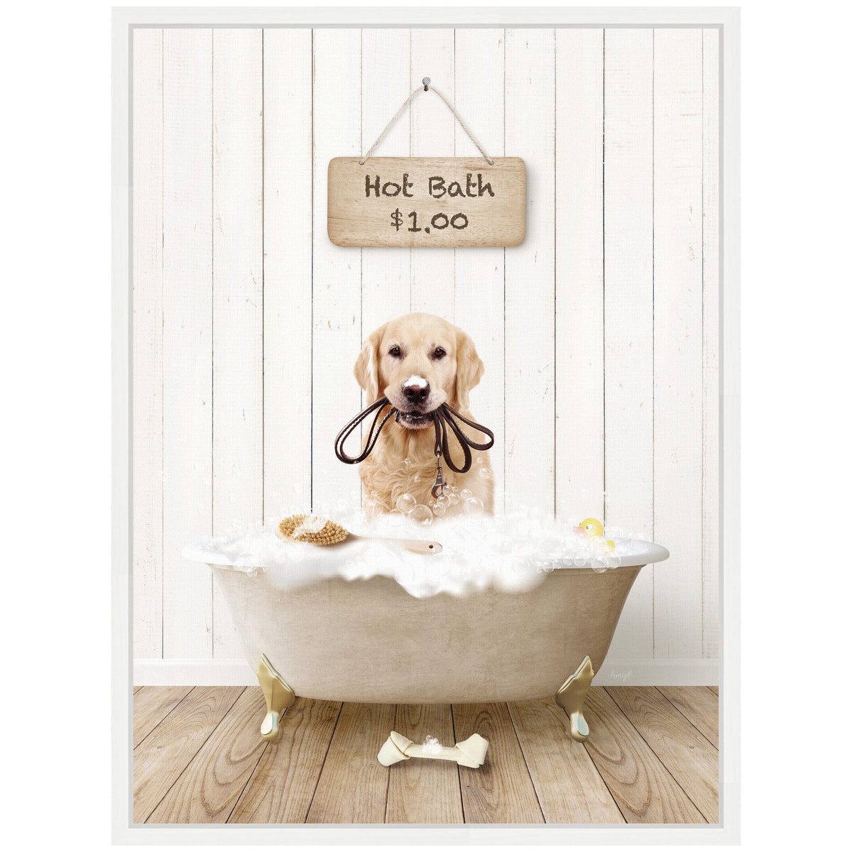 Golden retriever holding a black leash in its mouth sitting in a clawfoot bathtub filled with bubbles, with a wooden 'Hot Bath $1.00' sign hanging on a white paneled wall above.