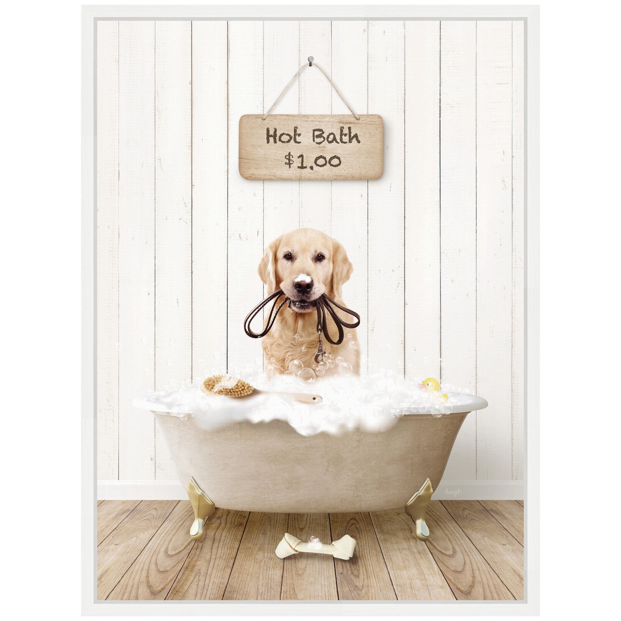 Sylvie Golden Retriever in Hot Bath Framed Canvas by Amy Peterson