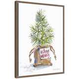 Framed canvas artwork showing watercolor small Christmas tree in burlap sack labeled 'Merry Merry'