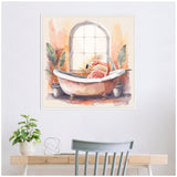Watercolor painting of a pastel pink flamingo sitting inside a vintage clawfoot bathtub with tall green plants on either side and a large arched window behind it.