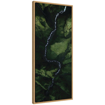 Framed canvas art showing an aerial view of a winding river running through a lush green valley in Iceland.
