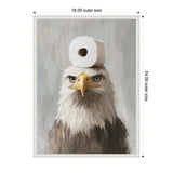 Framed painting of a bald eagle with a serious expression and a white toilet paper roll balanced on its head against a muted gray background.