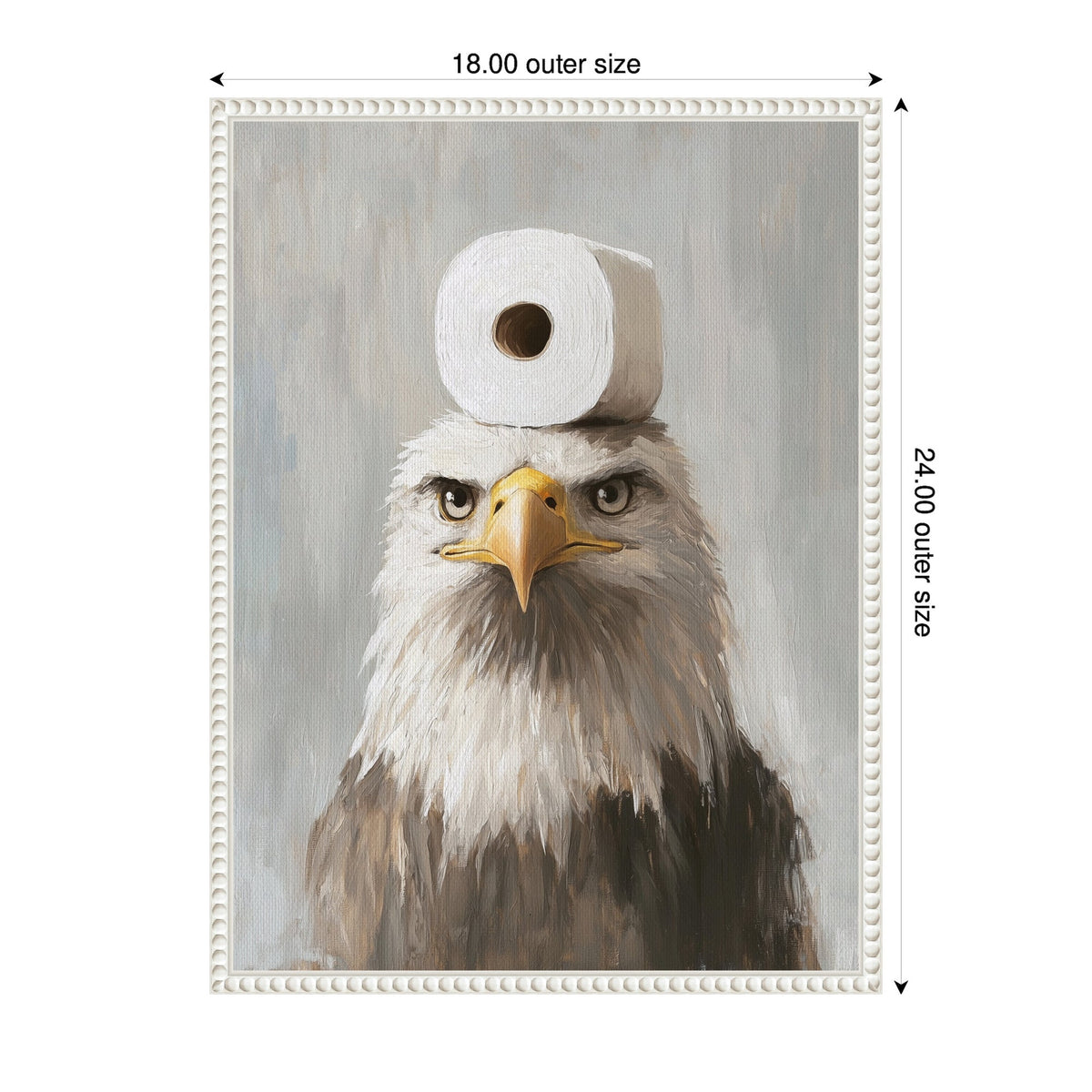 Framed painting of a bald eagle with a serious expression and a white toilet paper roll balanced on its head against a muted gray background.