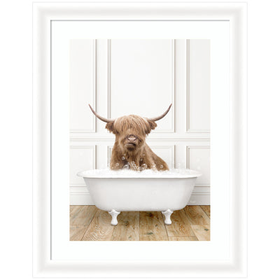 Framed wall art print showing a highland cow standing in a traditional vintage bathtub