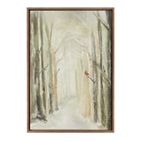 Framed canvas painting of a misty winter forest path with light beige and gray tones and a single red cardinal perched on a bare branch to the right.