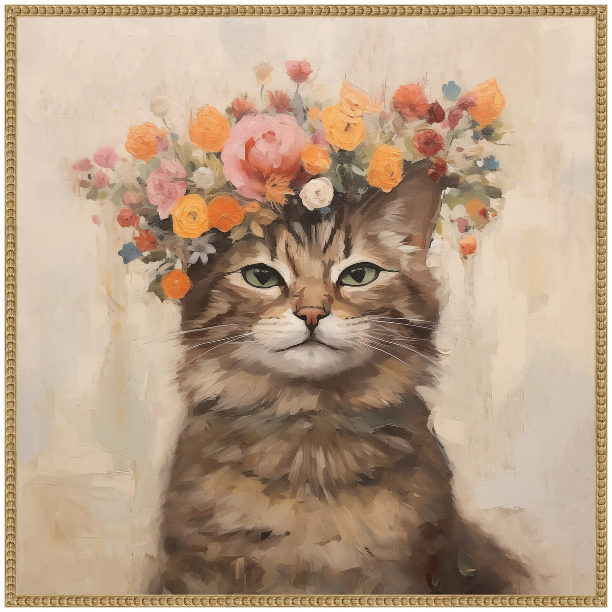 Painting of a brown tabby cat with green eyes wearing a colorful crown of pink, orange, yellow, and red flowers against a beige background.
