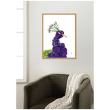 Framed wall art print of a stylized peacock with vibrant purple feathers and green accents, featuring a unique crown of tulip-like flowers on its head.