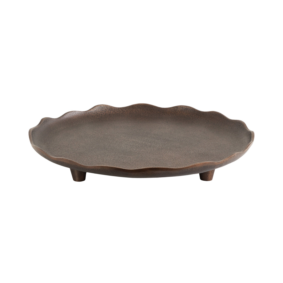Alessia Decorative Tray in bronze finish displaying its textured surface and deckled edge on a wooden table.