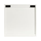 Back view of a square white wooden cabinet door with two black metal hinge plates along the top edge.