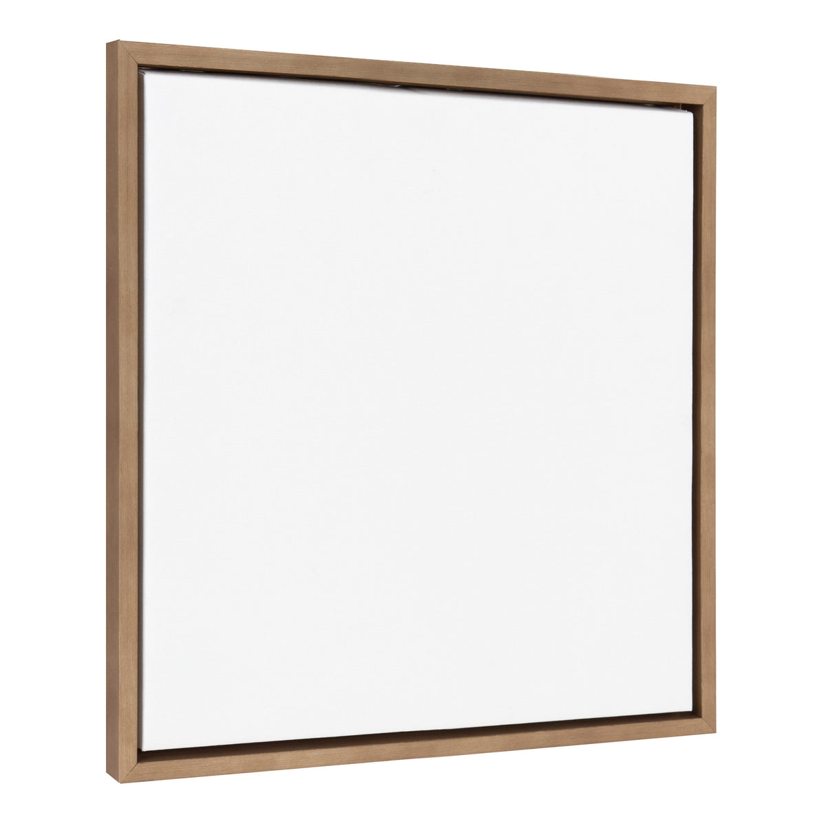 Square blank white canvas with a simple, medium brown wooden frame viewed at a slight angle against a white background