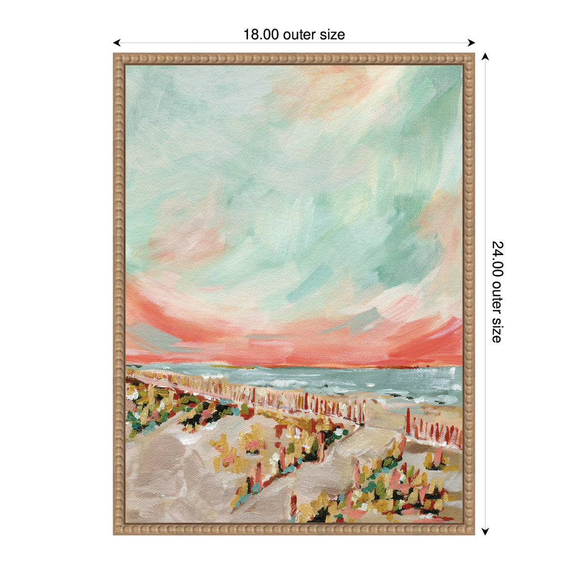 Framed canvas painting of a beach scene with a sandy path, colorful dunes, and a pastel sky blending blue and coral tones, signed by Annie Quigley.