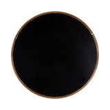Round wall mirror with a dark reflective surface bordered by a thin, natural wood frame showing subtle grain detail.