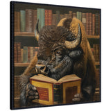 Framed canvas art depicting a buffalo seated in a chair reading a book in a library setting, with a vintage beaded black frame.