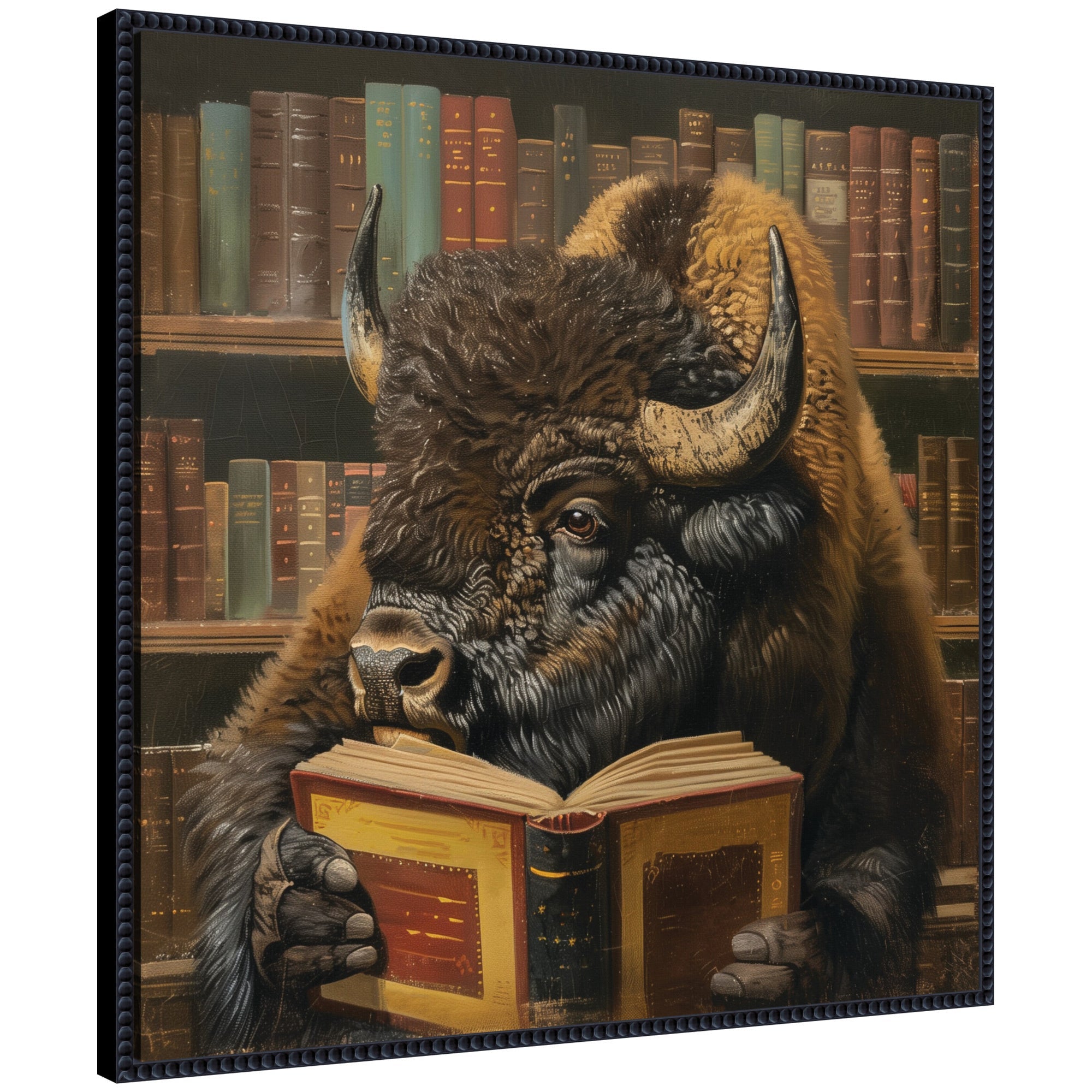 Framed canvas art depicting a buffalo seated in a chair reading a book in a library setting, with a vintage beaded black frame.