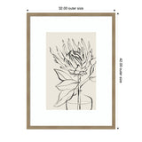 Black line sketch of a protea flower with leaves in a simple vase on beige background, framed in light wood with white mat, outer size 32x42 inches.