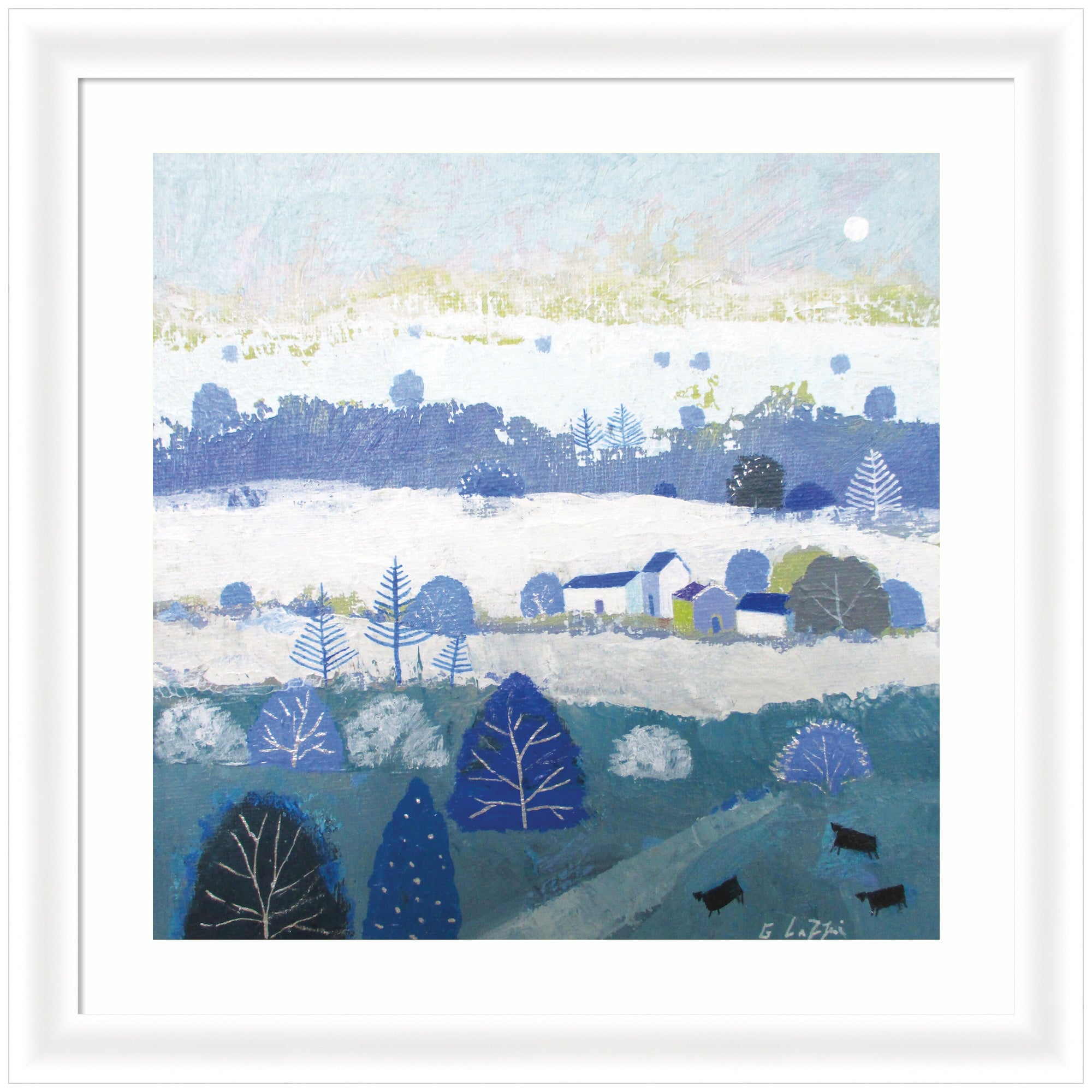 Framed Winter Dales art showing abstract snowy winter landscape with village and trees in Oliver White Narrow moulding