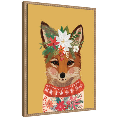 Sylvie Beaded Christmas Fox artwork on a framed canvas featuring a fox with holiday-themed beaded accents