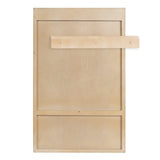 Back view of a light wood wall cabinet panel showing horizontal support slats and mounting strip, with a natural unfinished surface and rectangular shape.