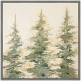 Abstract painting of three evergreen trees with loose brushstrokes in muted greens and beige on a light background, framed in gray wood.