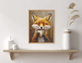 Illustration of a content orange fox with closed eyes holding a white cup, framed and hanging on a white wall above a wooden shelf with white vases and dried grass.