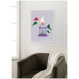 Framed canvas art depicting a white cockatoo perched on a purple birdcage surrounded by green anthurium leaves and a red flower on a lavender patterned background, hanging above an olive armchair with a knitted throw.