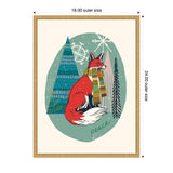 Illustration of a red fox with a patterned scarf sitting in front of stylized blue and gray pine trees with white snowflakes on a muted green oval background, signed with 'peace'