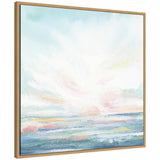 Framed canvas artwork depicting a soft pastel-colored seascape with a calm ocean beneath a cloudy sky at sunrise or sunset.